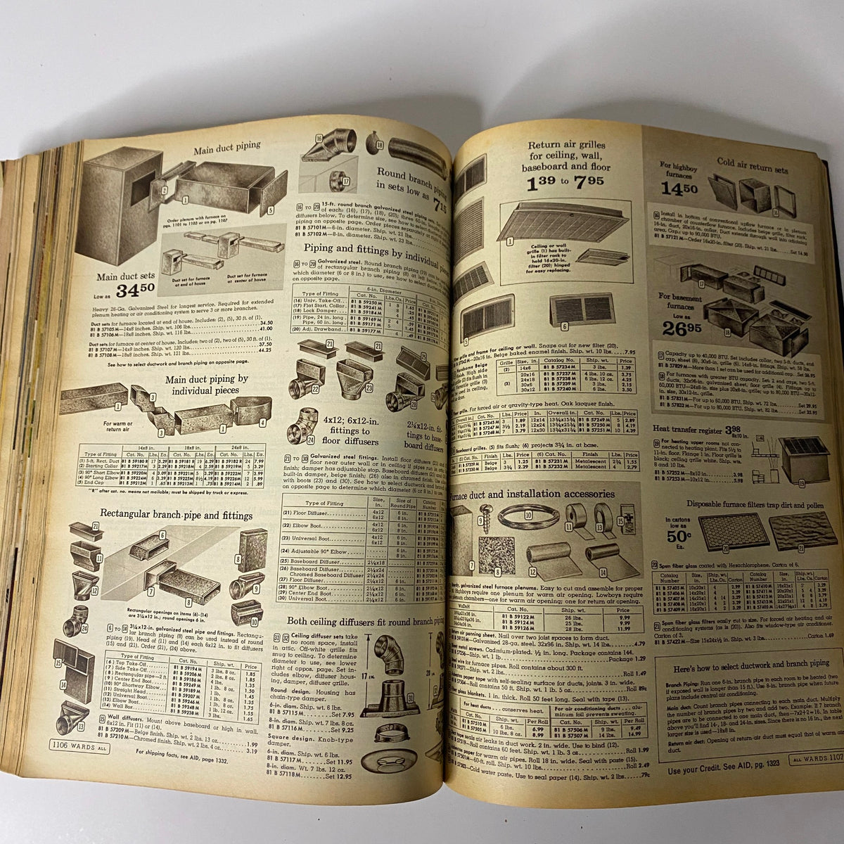 Image from the 1967 Montgomery Ward Fall and Winter Catalog illustrating HVAC duct piping and accessories with specifications and pricing.