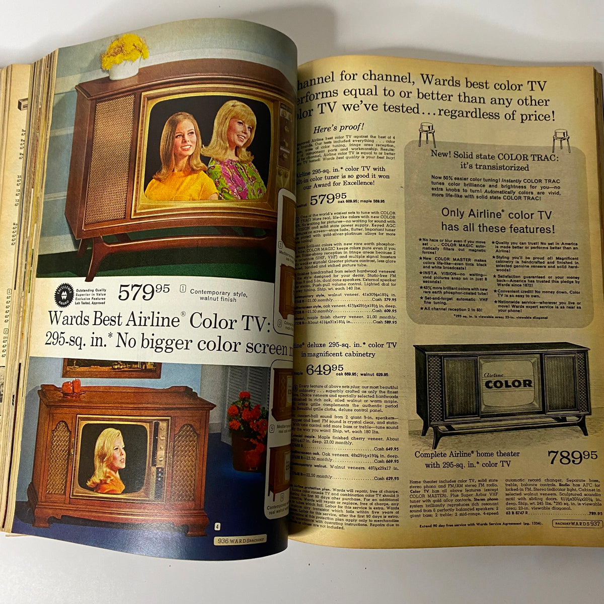 Image from the 1967 Montgomery Ward Fall and Winter Catalog highlighting color television options and features with corresponding prices.