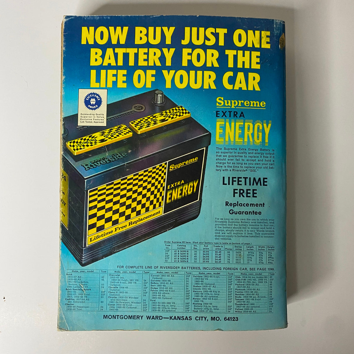 Back cover of the 1967 Montgomery Ward Fall and Winter Catalog promoting the Supreme Extra Energy battery for cars, emphasizing lifetime replacement guarantee.