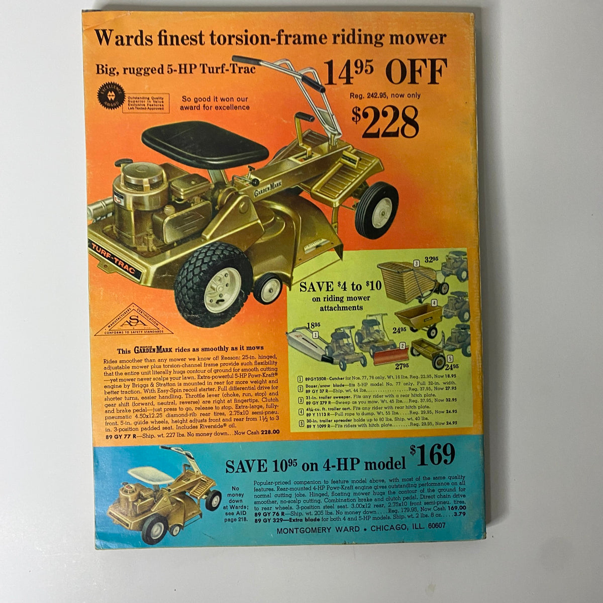Back cover of the 1967 Montgomery Ward Summer Sale Catalog presenting a riding lawn mower with promotional pricing and product specifications.