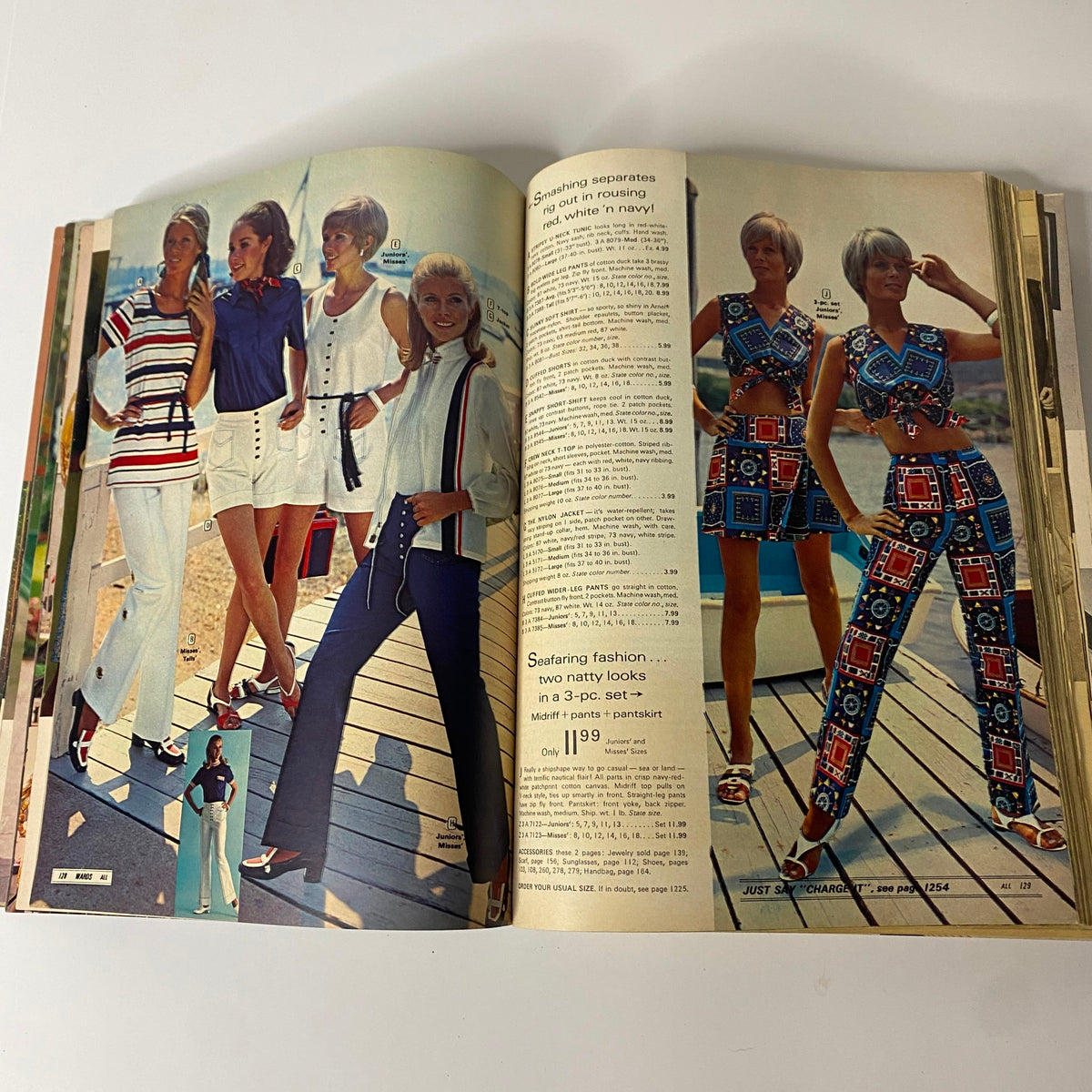 1970 Montgomery Ward Spring and Summer Catalog showcasing fashionable swimwear separates and outfits in bright colors, featuring models on a boardwalk.