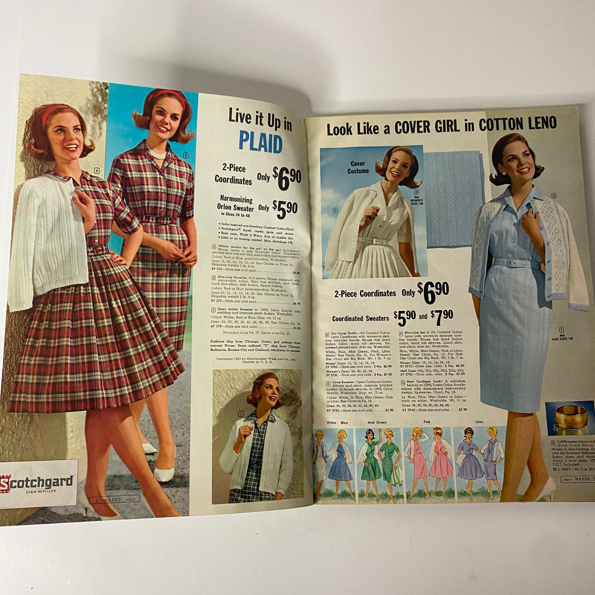 Interior page of the 1963 Montgomery Ward Summer Catalog highlighting 'Live it Up in PLAID' with models wearing two-piece outfits and coordinated sweaters.