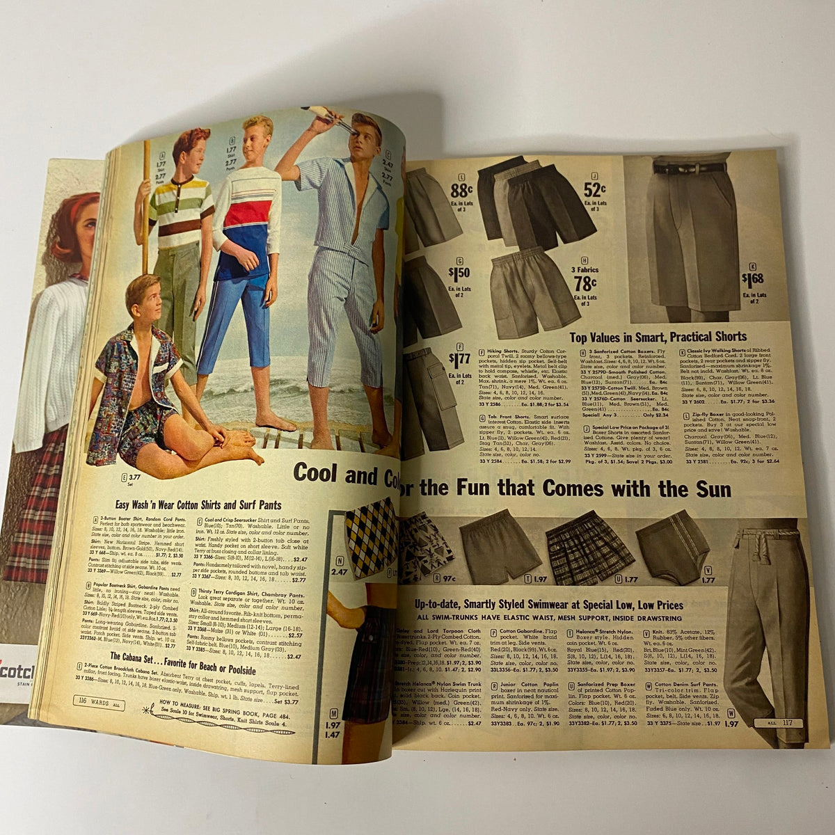 1963 Montgomery Ward Summer Catalog showcasing kids fashion including cotton shirts, surf pants, and shorts, highlighting summer styles from the early 1960s.