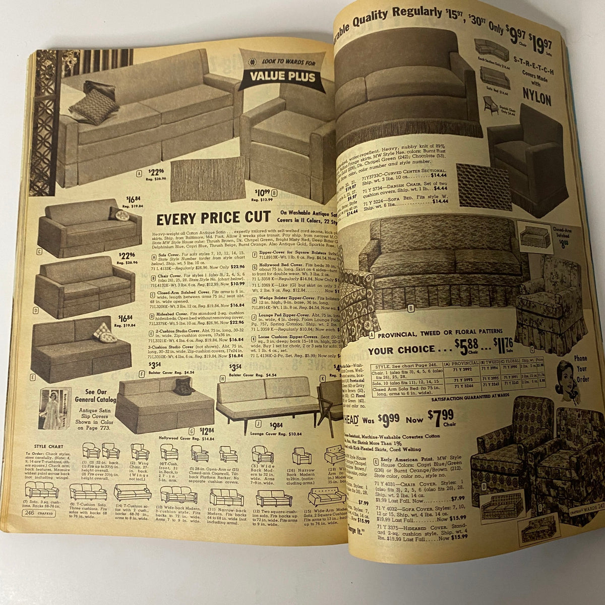 1963 Montgomery Ward Summer Catalog page with various styles of sofas and furniture, presenting price cuts and popular designs from the 1960s.