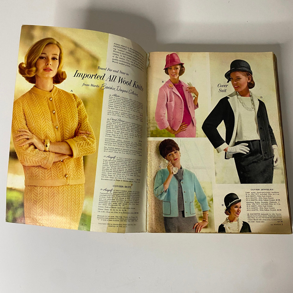 Stylish women modeling imported all wool knits in the 1964 Montgomery Ward Spring and Summer Catalog, highlighting 1960s fashion trends.