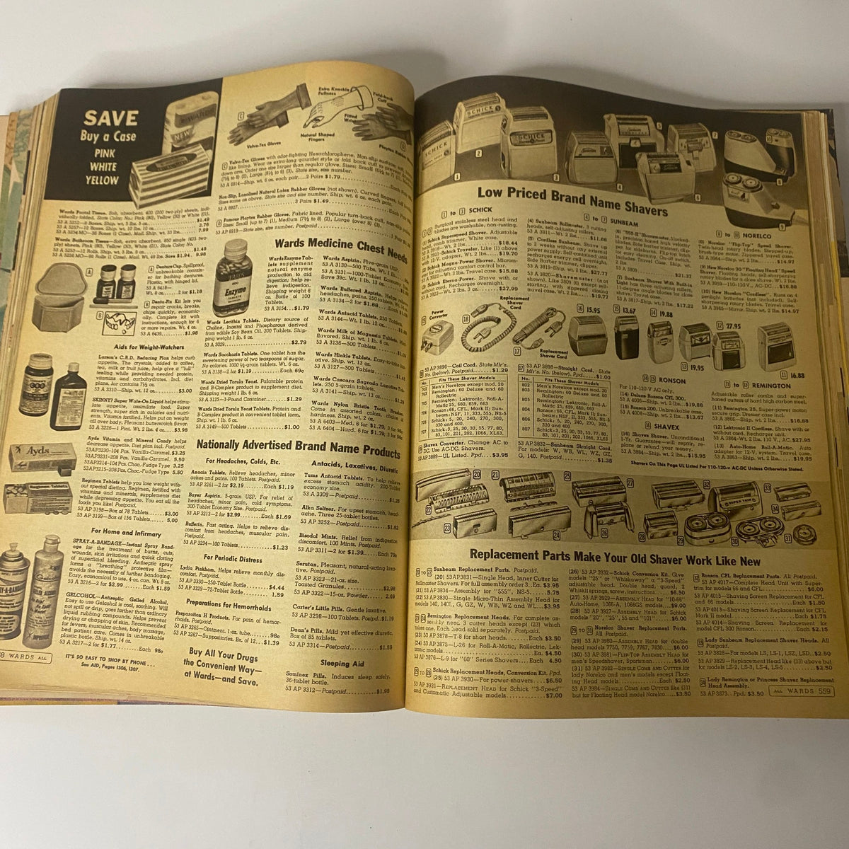 1964 Montgomery Ward Spring and Summer Catalog displaying personal care items and low-priced brand name shavers.