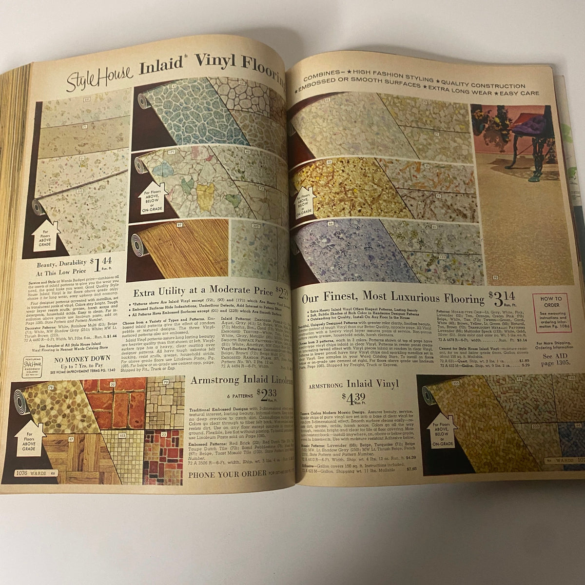 1964 Montgomery Ward Spring and Summer Catalog featuring StyleHouse Inlaid Vinyl Flooring with various designs and prices, showcasing vintage flooring options from the 1960s.