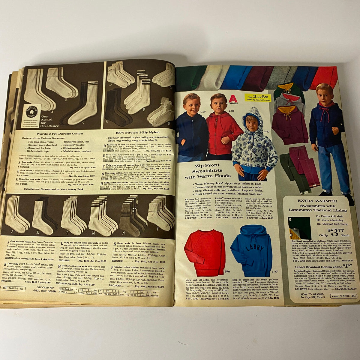1966 Montgomery Ward Fall and Winter Catalog displaying children's clothing including sweatshirts and jackets with warm hoods, ideal for winter wear.
