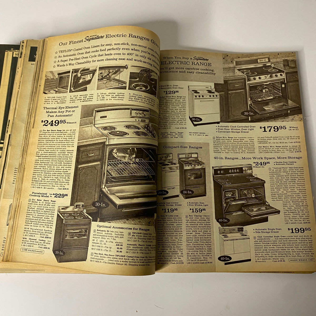 1966 Montgomery Ward Fall and Winter Catalog showcasing electric ranges with detailed descriptions and prices on a vintage magazine page.