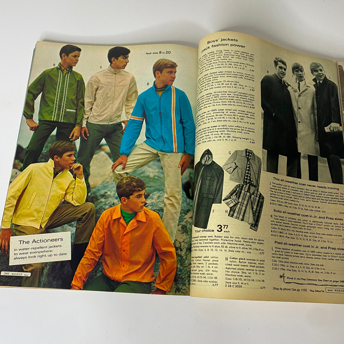 1968 Montgomery Ward Spring and Summer Catalog featuring young male models in fashionable jackets, demonstrating the trendy styles of boys' outerwear from the 1960s.