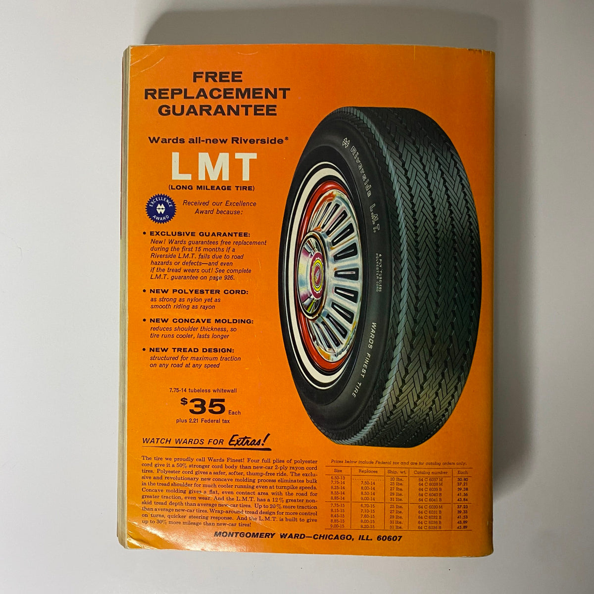 1968 Montgomery Ward Spring and Summer Catalog featuring a tire advertisement for the Riverside LMT, detailing features and pricing of the long mileage tire.