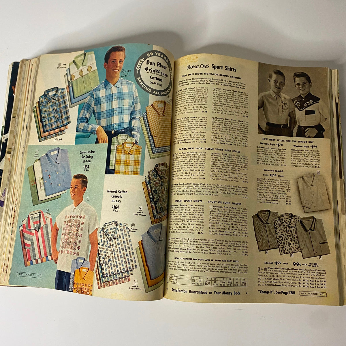 1961 Montgomery Ward Spring and Summer Catalog interior featuring a collection of men's sport shirts with assorted patterns and colors, reflecting 1960s fashion trends.