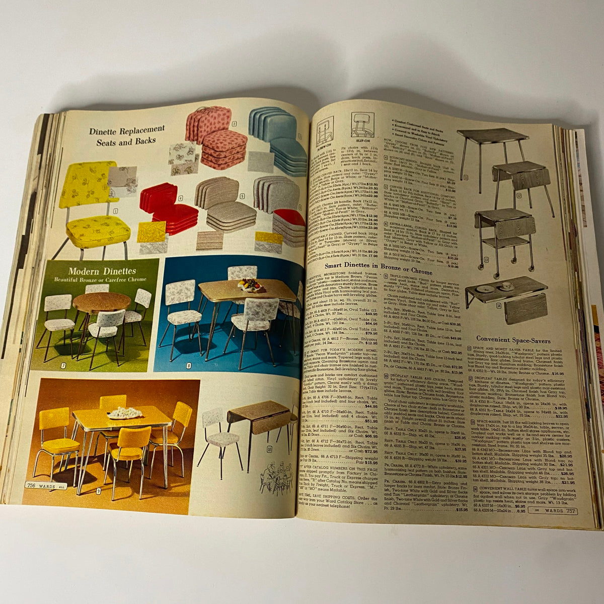 Page from 1961 Montgomery Ward Spring and Summer Catalog showing various dinette replacement seats and modern dinettes in bright colors, showcasing mid-century furniture styles.
