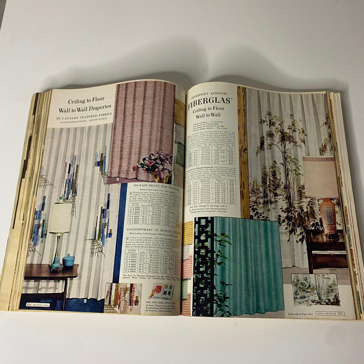 Page from 1961 Montgomery Ward Spring and Summer Catalog displaying wall-to-wall draperies and decorative textiles, emphasizing mid-century interior design options.
