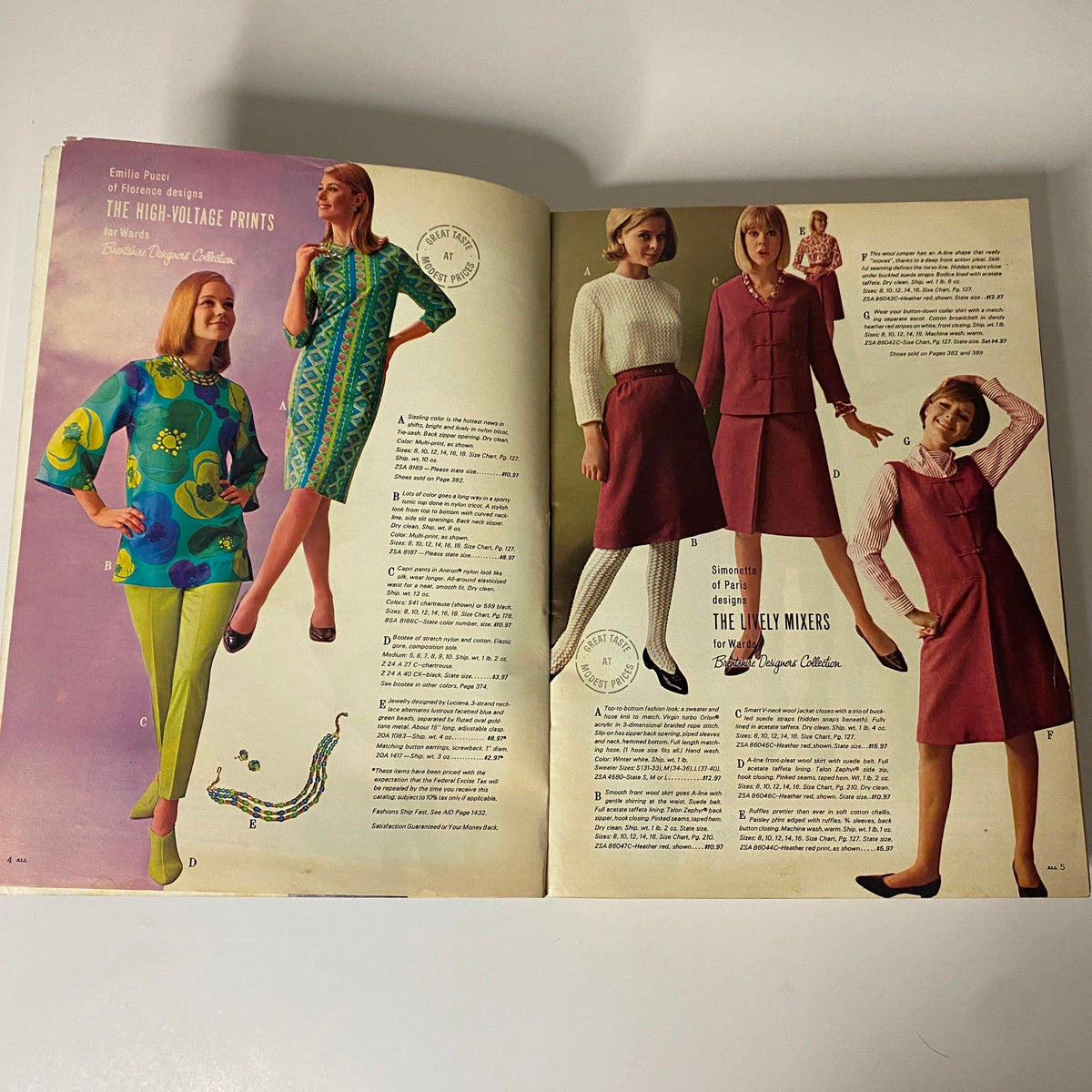 1965 Montgomery Ward Fall and Winter Catalog featuring vibrant fashion designs by Emilio Pucci and Simonetta, showcasing colorful outfits and elegant garments popular in the mid-1960s.