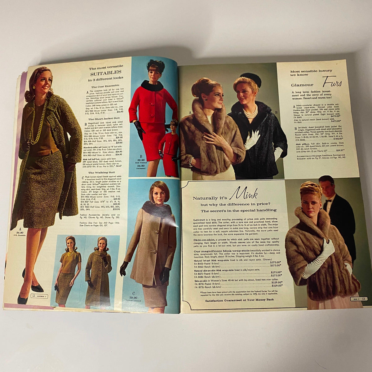 1965 Montgomery Ward Fall and Winter Catalog page highlighting versatile outfits including glamour furs, suitable fashions, and luxurious coats worn by stylish women from the 1960s.