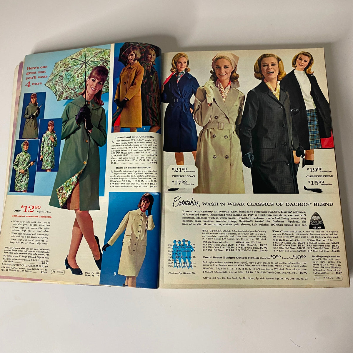 1965 Montgomery Ward Fall and Winter Catalog displaying classic trench coats and fashionable outerwear options for women, illustrating mid-century fashion trends.