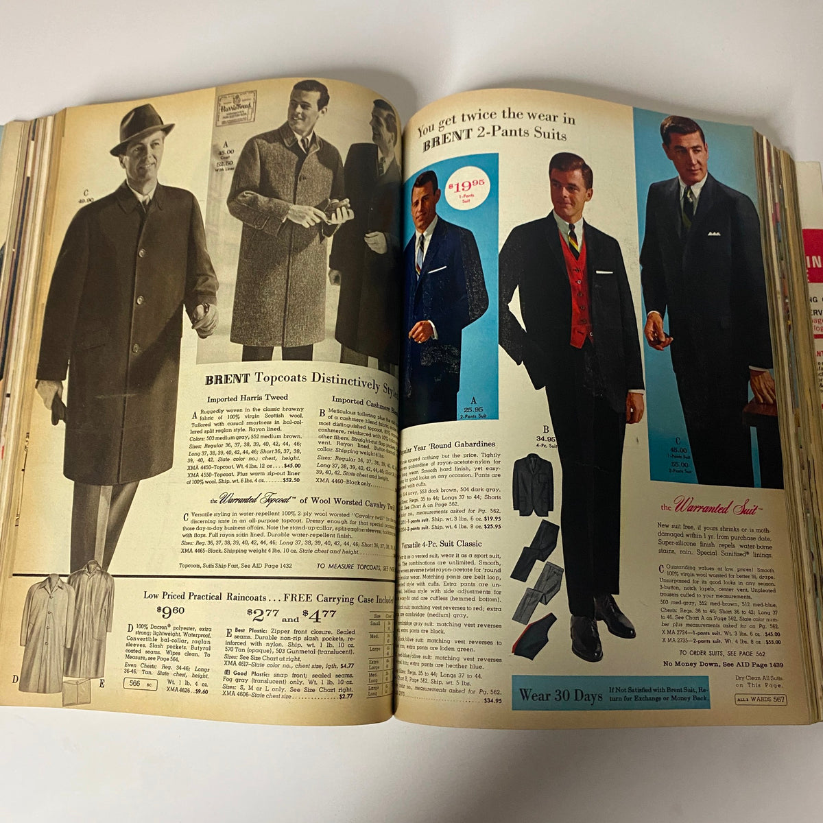 1965 Montgomery Ward Fall and Winter Catalog featuring fashionable men's suits and topcoats designed for contemporary styles of the mid-20th century.
