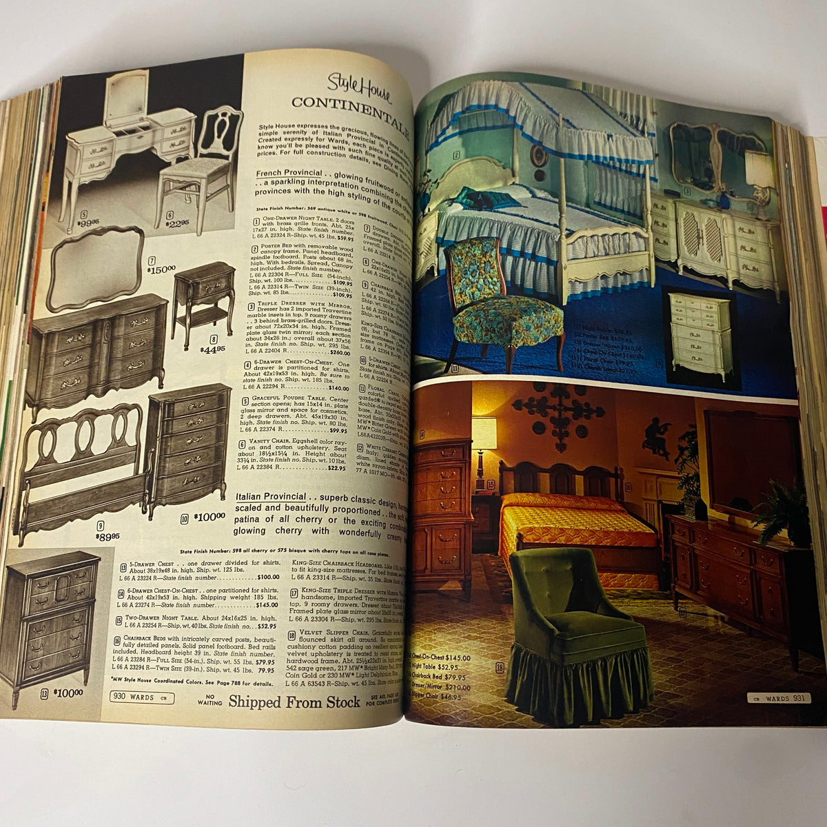 Furniture collection featured in the 1965 Montgomery Ward Fall and Winter Catalog, displaying classic styles of bedroom and living room furniture.