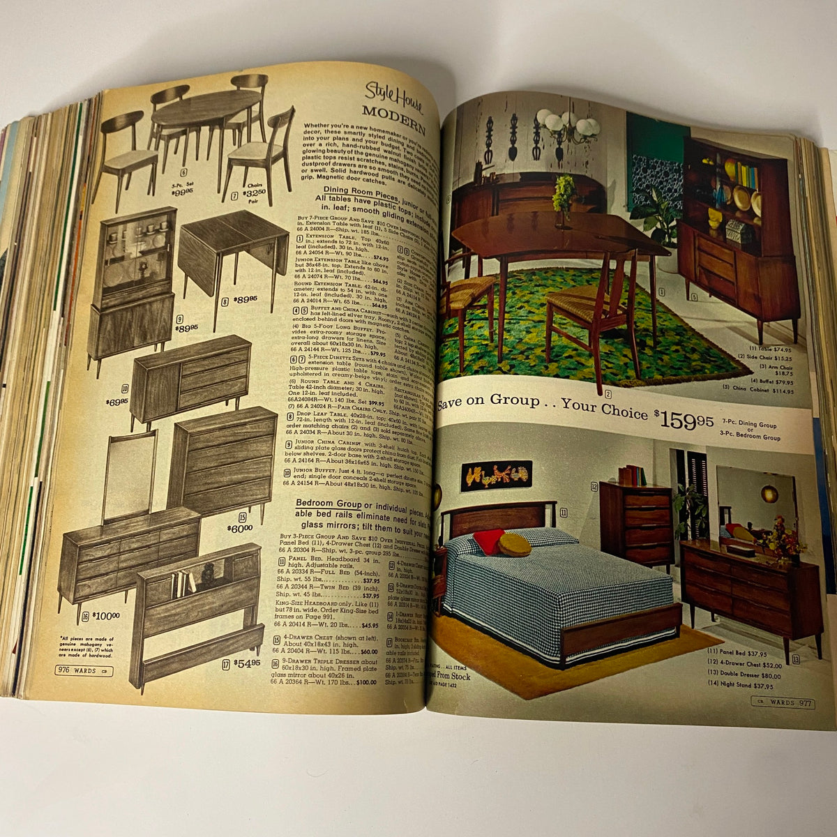 Modern furniture designs shown on a magazine page from the 1965 Montgomery Ward Fall and Winter Catalog, including dining and bedroom sets.