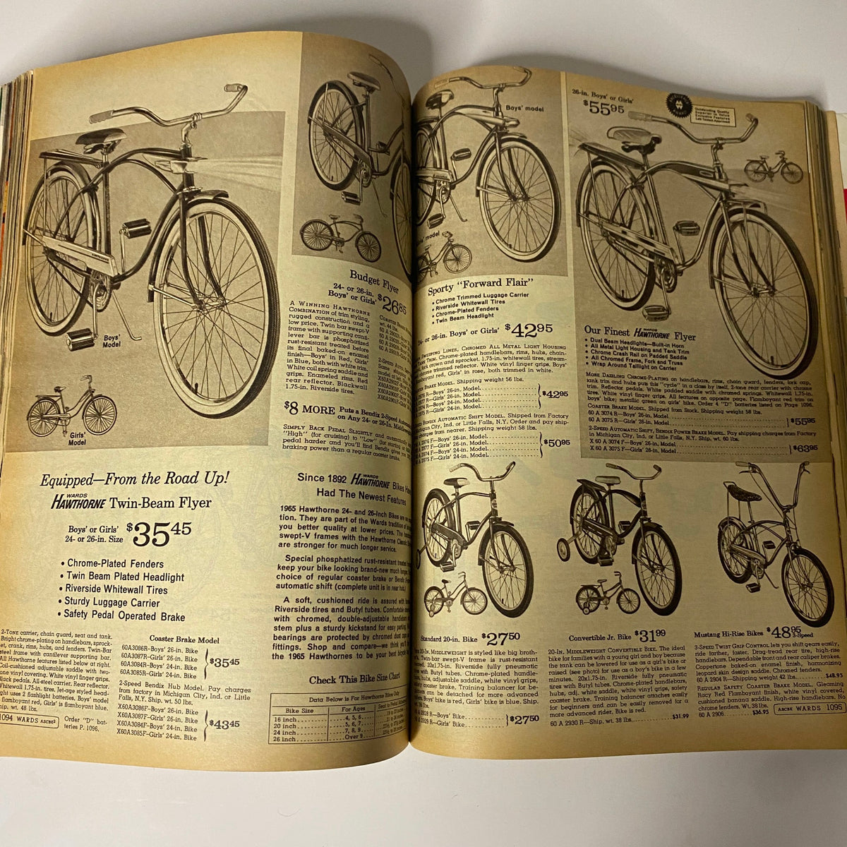 Bicycle options featured in the 1965 Montgomery Ward Fall and Winter Catalog, showcasing various models and prices for children and adults.