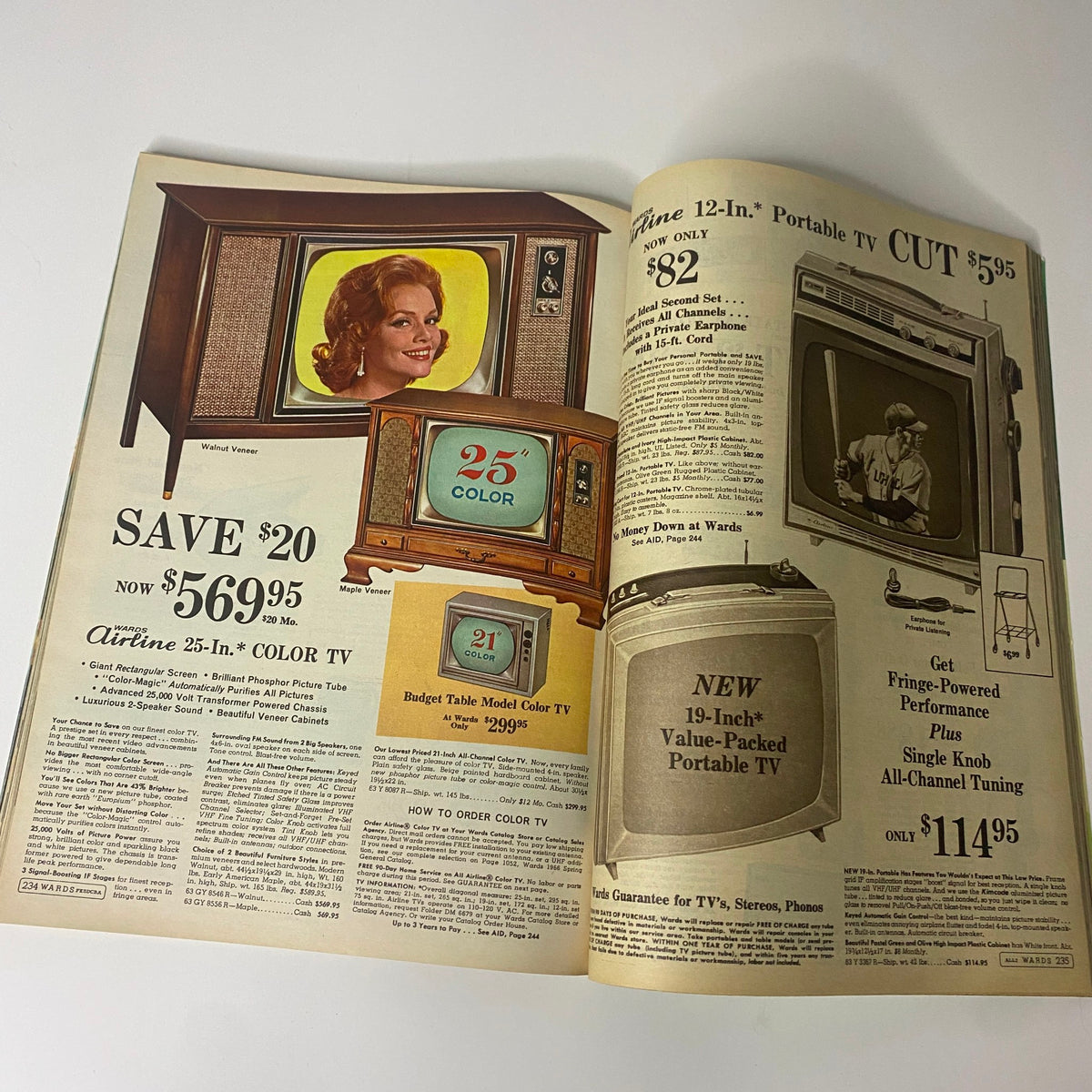 1966 Montgomery Ward Summer Catalog highlighting color televisions and portable TVs with pricing details, capturing the home entertainment options of the mid-60s.