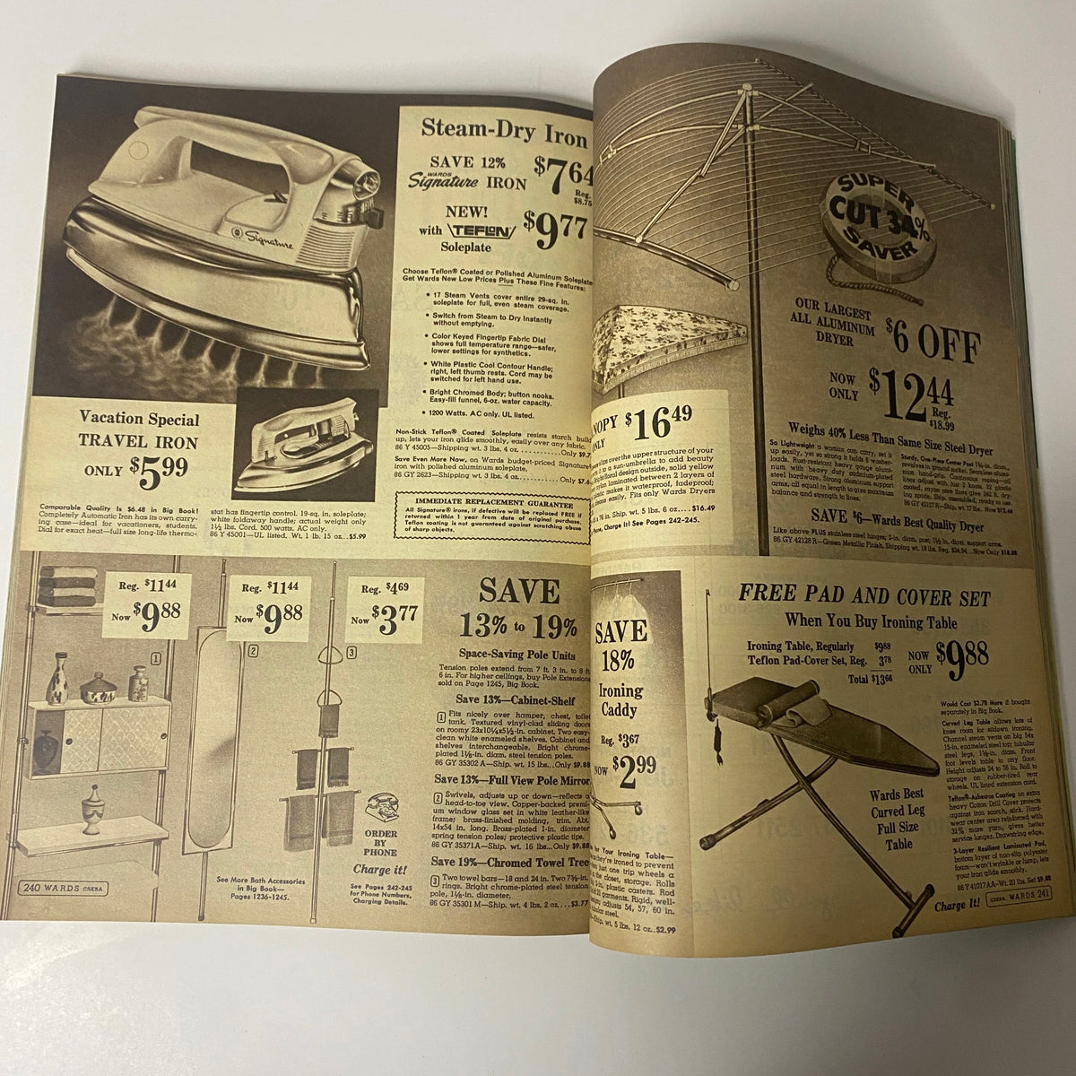 1966 Montgomery Ward Summer Catalog page showcasing kitchen appliances including a vintage steam-dry iron and a clothes dryer with featured pricing and discounts.