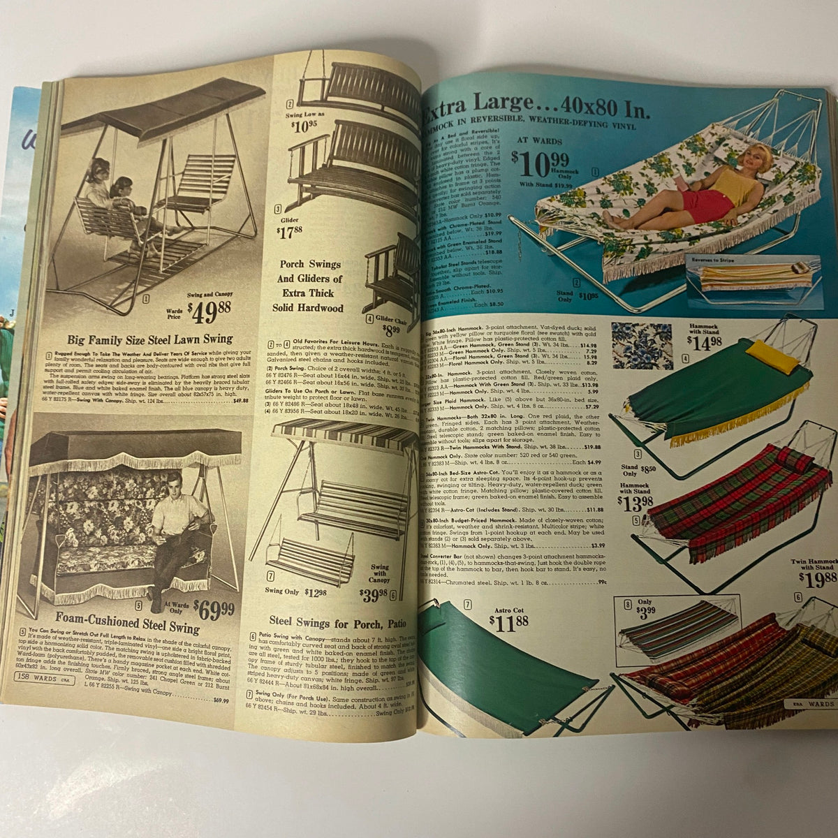 1966 Montgomery Ward Summer Catalog page featuring outdoor leisure furniture such as lawn swings and hammocks with prices and product descriptions.