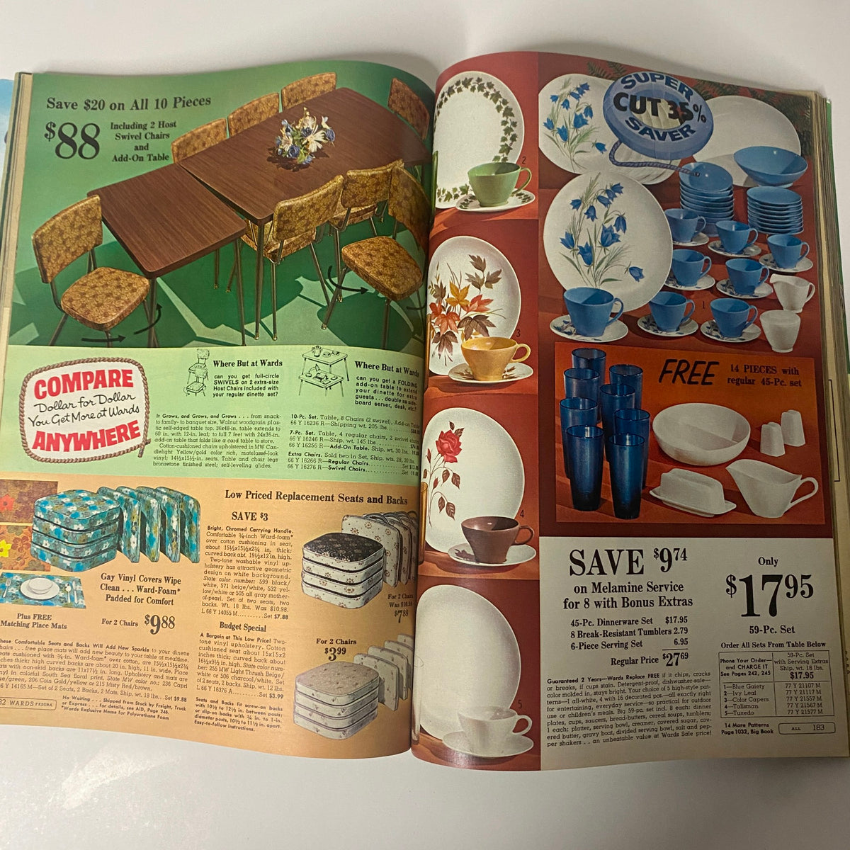 1966 Montgomery Ward Summer Catalog page displaying dining sets and dinnerware selections, highlighting prices and promotional savings.