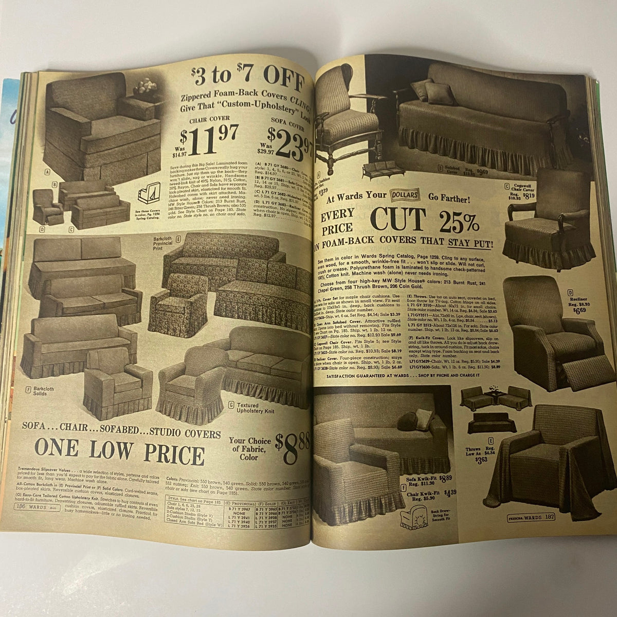1966 Montgomery Ward Summer Catalog page illustrating various sofa and chair covers, with detailed pricing and fabric options highlighted.