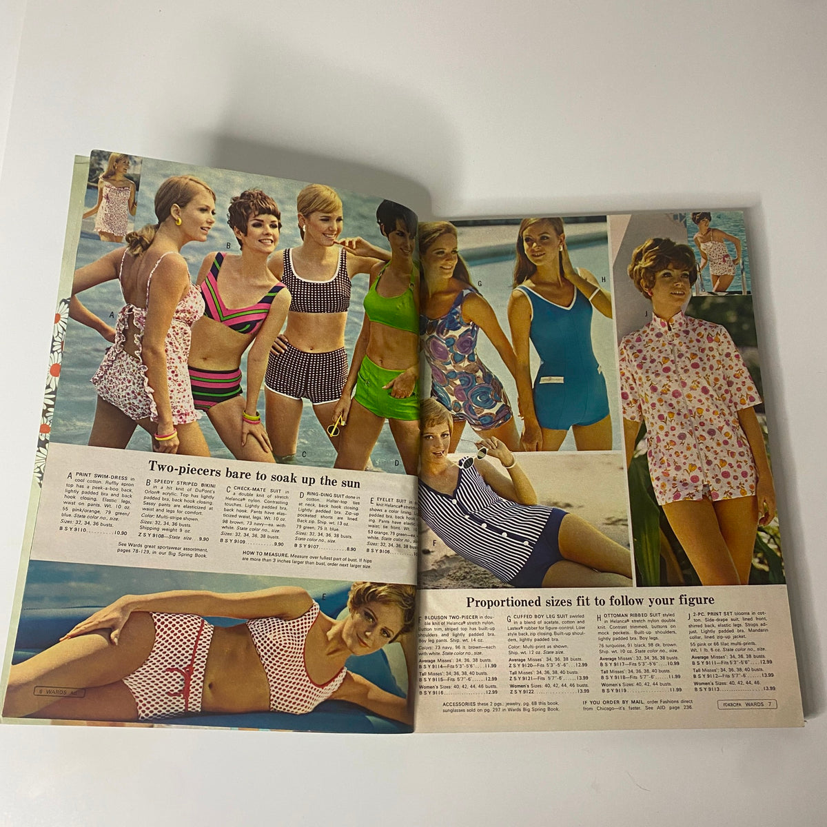 Inside spread of the 1968 Montgomery Ward Summer Catalog showcasing various two-piece swimsuits worn by models, highlighting retro swimwear styles.