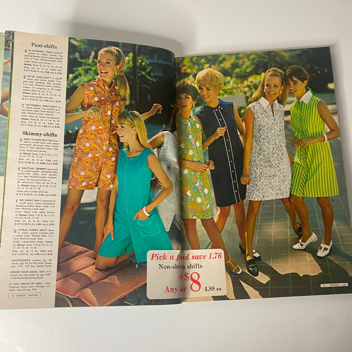 Another inside spread of the 1968 Montgomery Ward Summer Catalog with models wearing colorful dresses and swimwear, reflecting 1960s fashion trends.