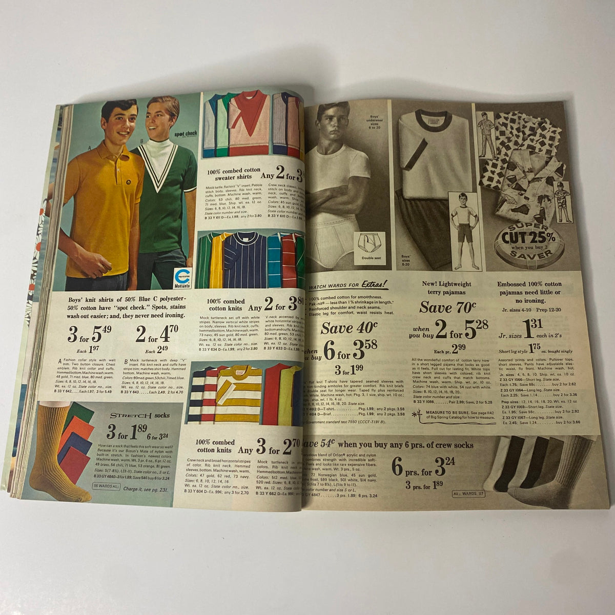 1968 Montgomery Ward Summer Catalog displaying a variety of men's colorful knit t-shirts and accessories, reflecting casual styles from the 1960s.