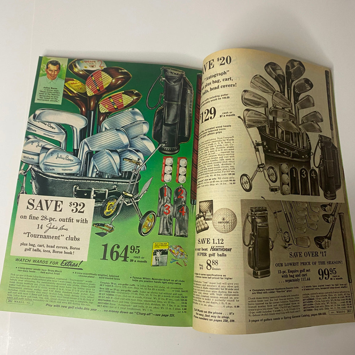 1968 Montgomery Ward Summer Catalog page featuring golf equipment, showcasing golf bags, clubs, and accessories, emphasizing leisure activities from the 1960s.