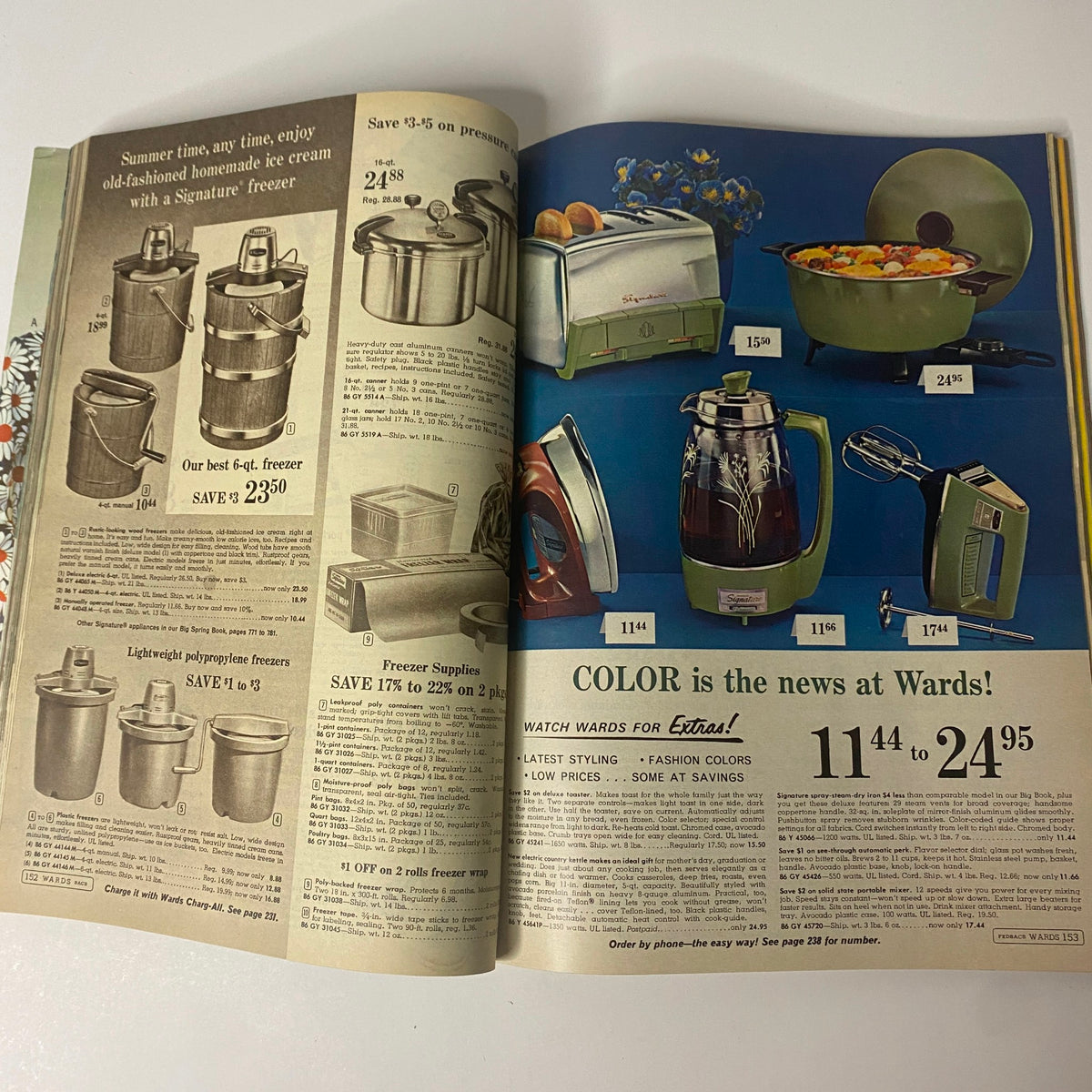 Inside view of the 1968 Montgomery Ward Summer Catalog showcasing various kitchen appliances and freezer options, highlighting vintage shopping styles.