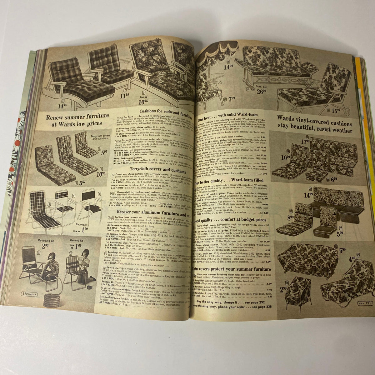 Page from the 1968 Montgomery Ward Summer Catalog featuring outdoor furniture and cushions for summer relaxation, reflecting 1960s design aesthetics.