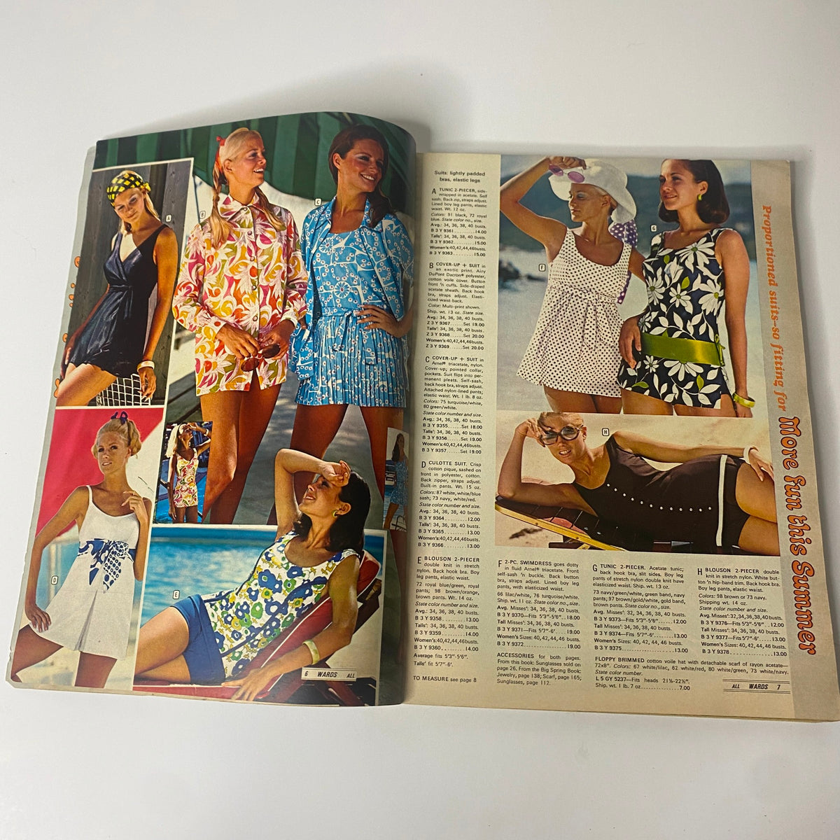 Interior layout of the 1970 Montgomery Ward Summer Catalog featuring various swimwear styles for women with colorful designs.