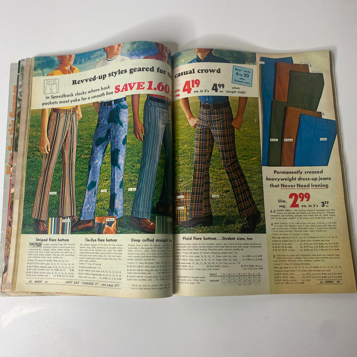 1970 Montgomery Ward Summer Catalog page displaying various styles of men's pants, showcasing colorful and patterned options typical of the 1970s fashion.