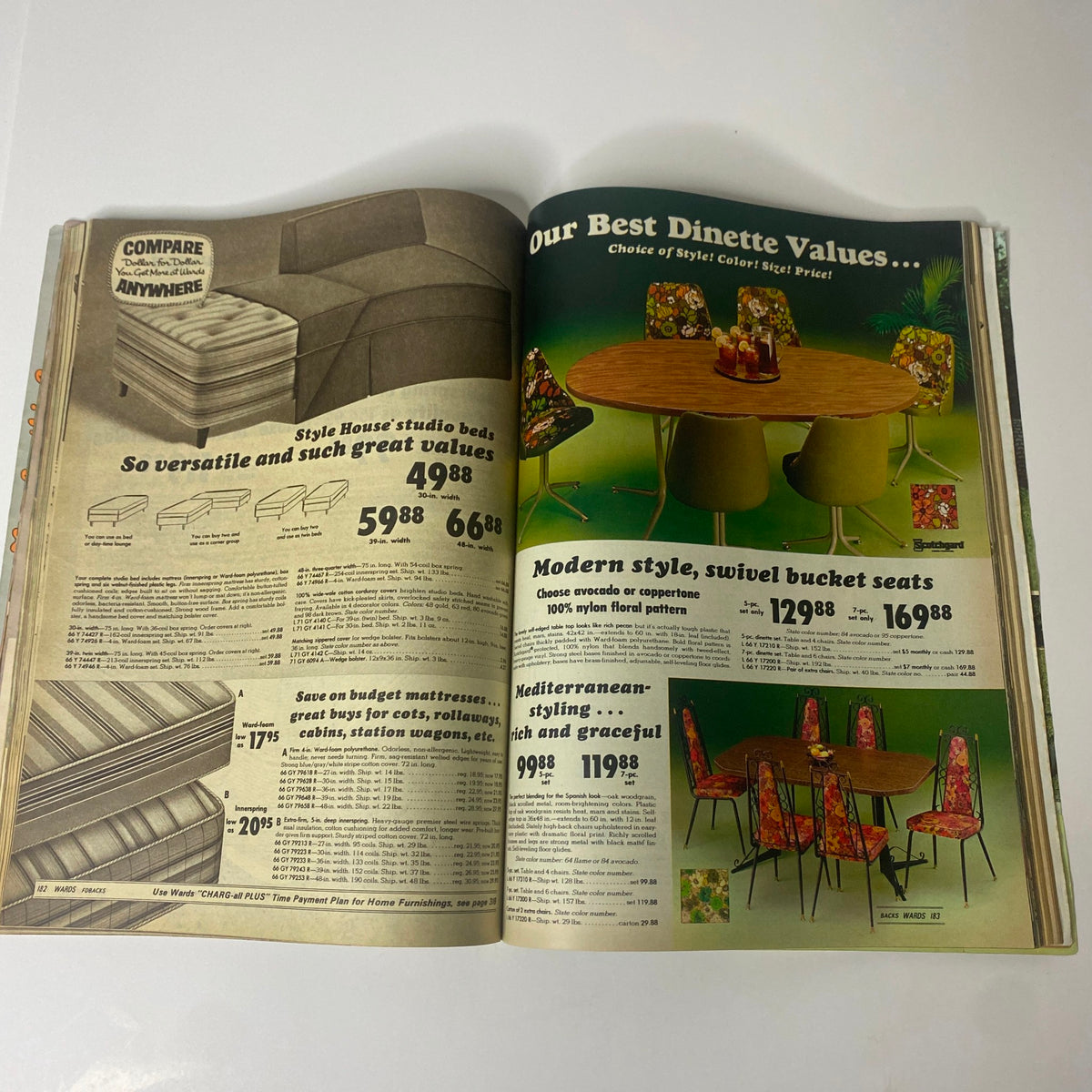 Page spread from the 1970 Montgomery Ward Summer Catalog showcasing dinette furniture options including modern style swivel bucket seats and studio beds with pricing details.