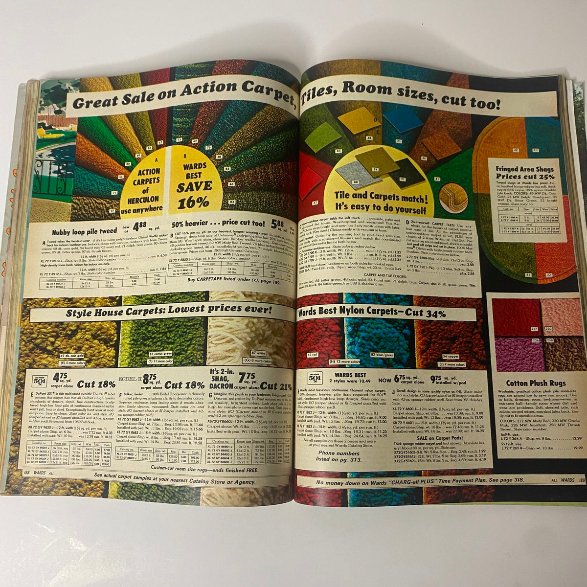 Page spread from the 1970 Montgomery Ward Summer Catalog featuring a sale on various types of carpets and flooring options with detailed pricing and patterns.