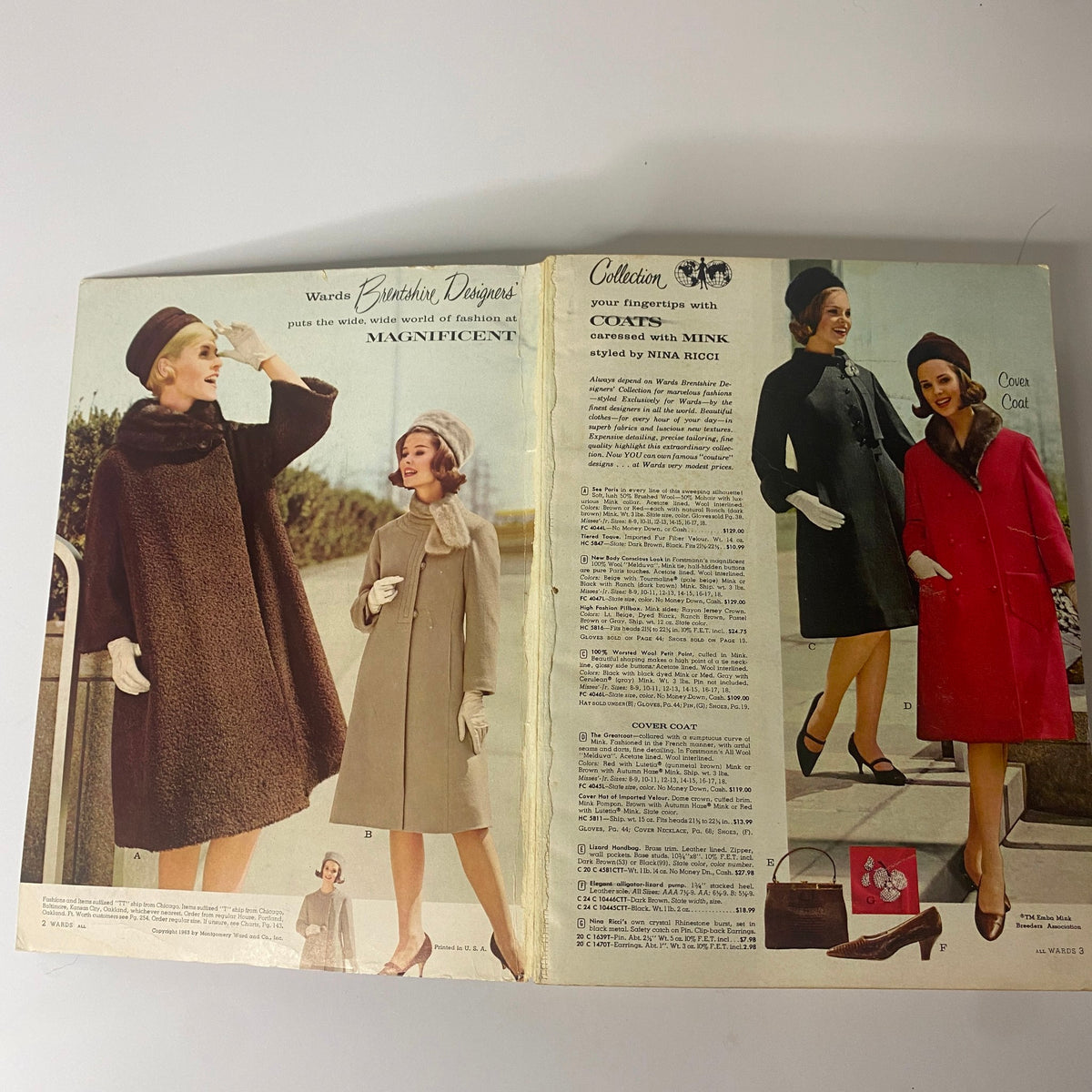 Inside spread of the 1963 Montgomery Ward Fall and Winter Catalog showcasing elegant coats styled by Nina Ricci.
