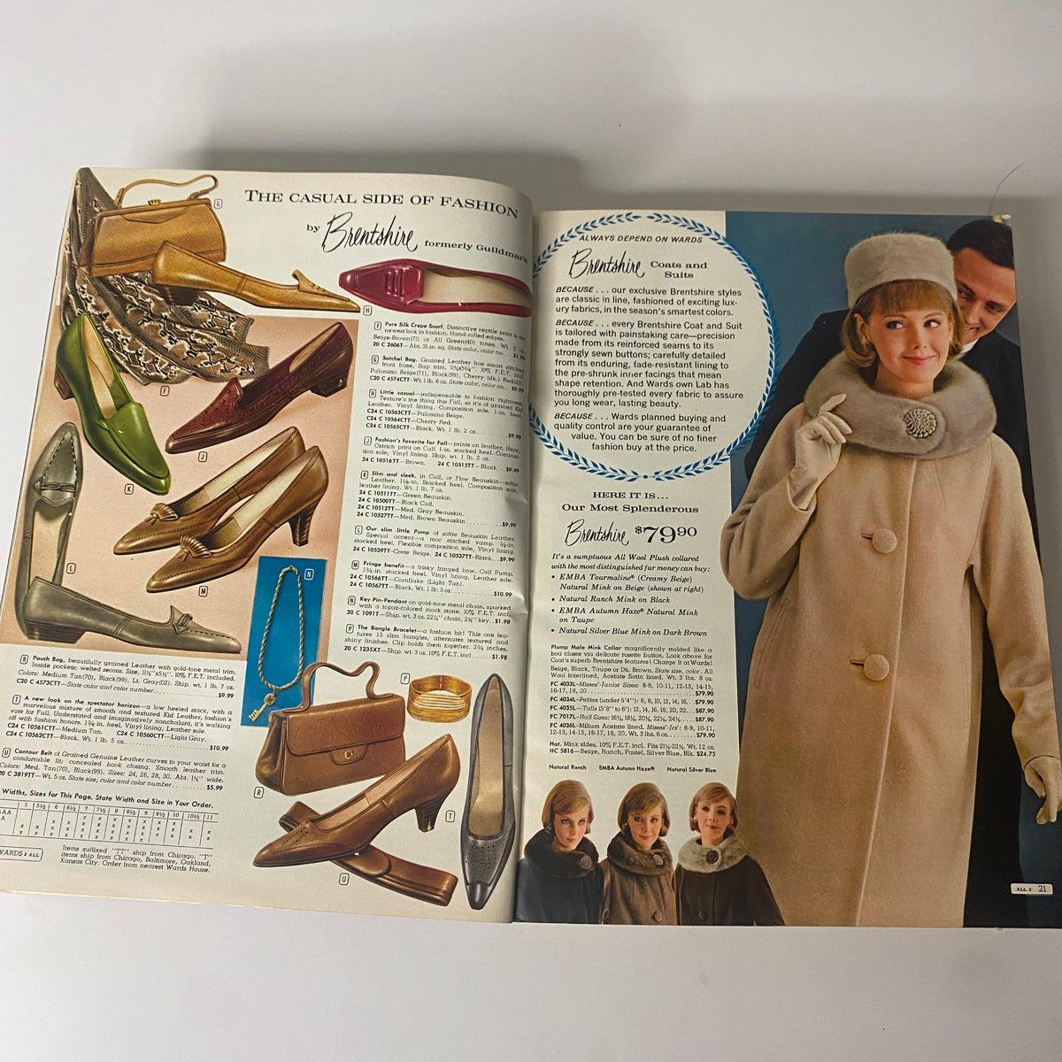 Fashion accessories and casual fashion from the 1963 Montgomery Ward Fall and Winter Catalog, highlighting various footwear and handbags.