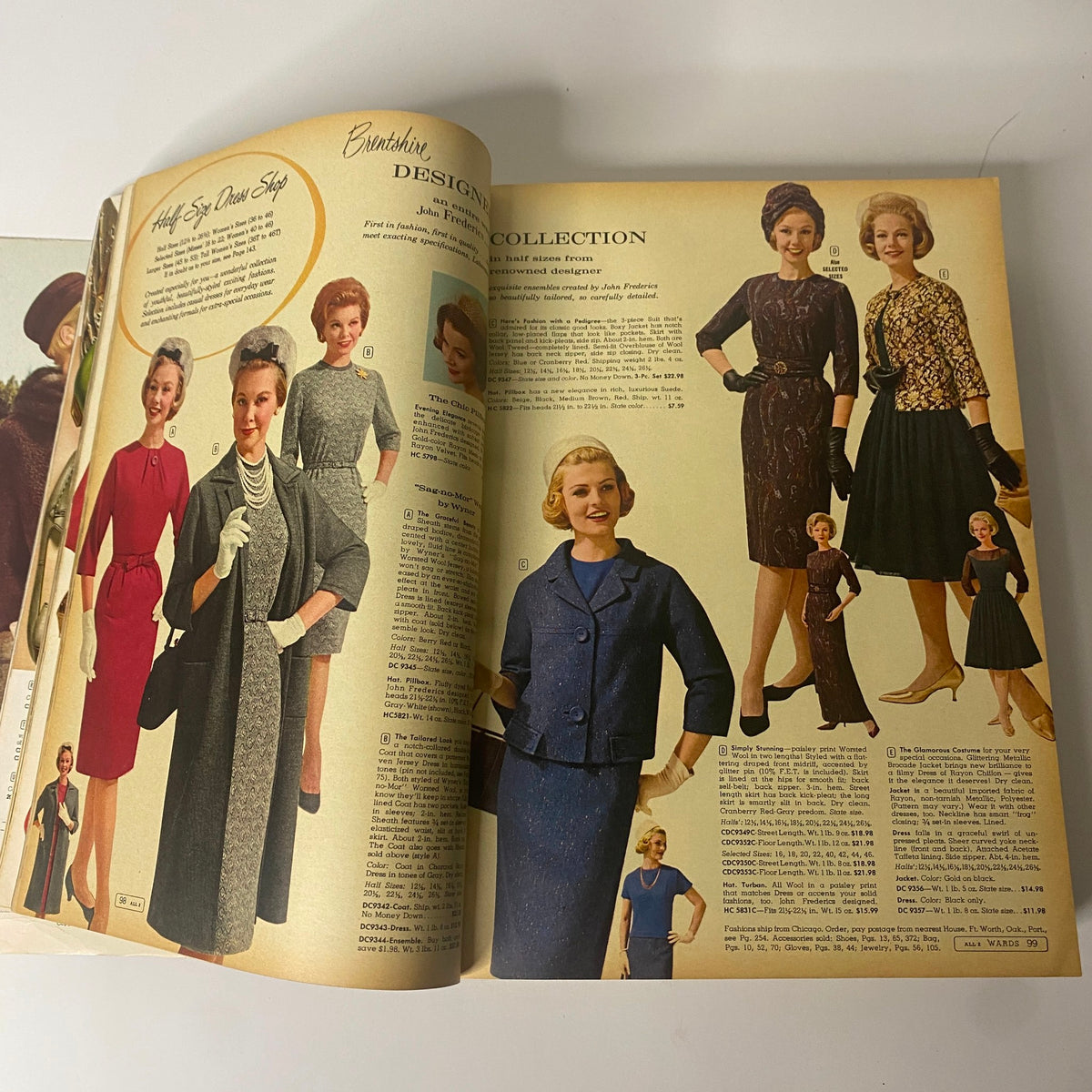Collection of luxurious designer fashions aimed for women featured in the 1963 Montgomery Ward Fall and Winter Catalog.