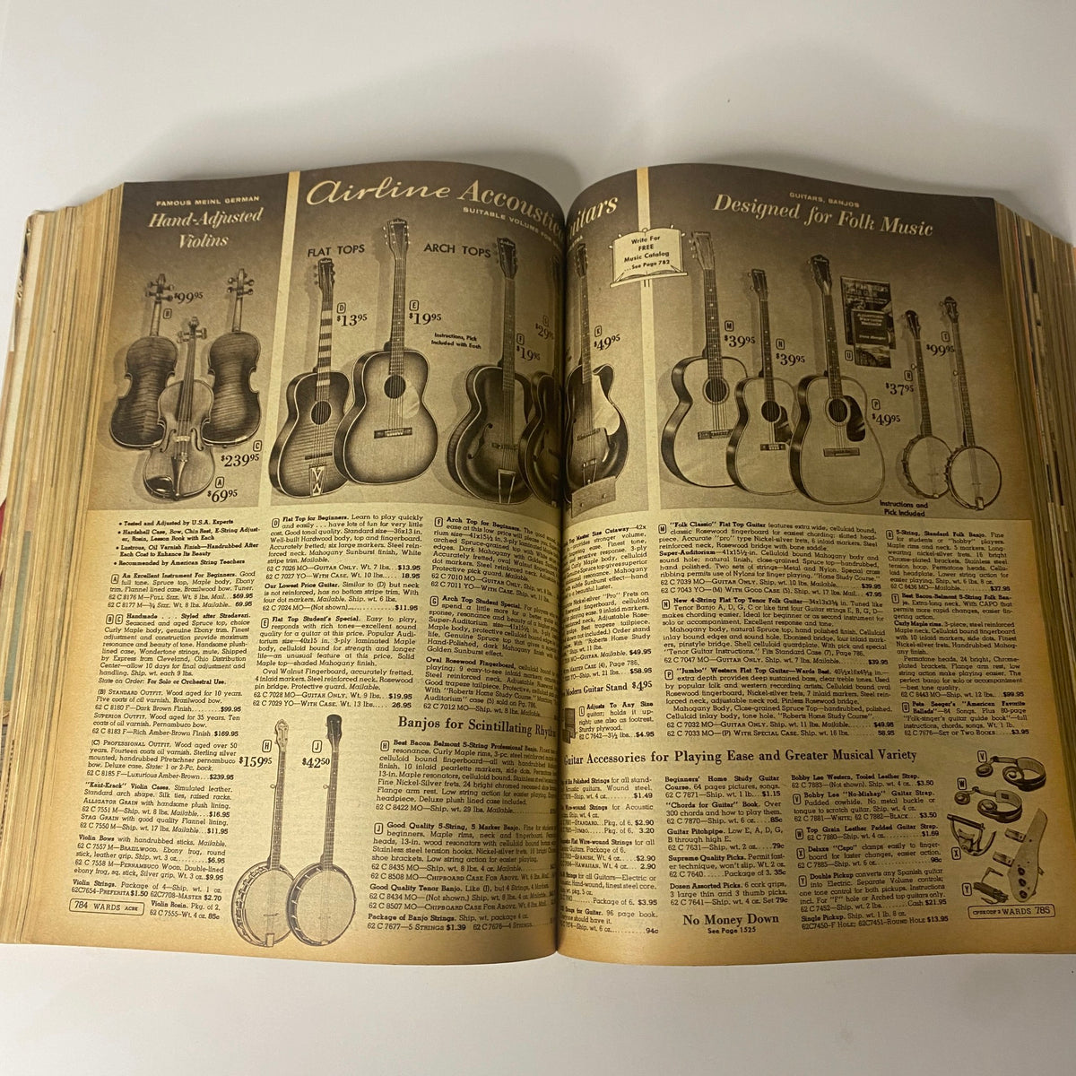 1963 Montgomery Ward Fall and Winter Catalog featuring a range of airline acoustic guitars and violins available for purchase.