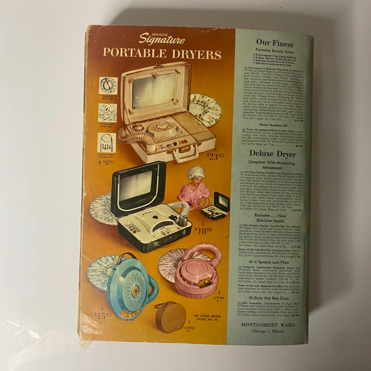 1963 Montgomery Ward Fall and Winter Catalog presenting portable hair dryers with retro design options.