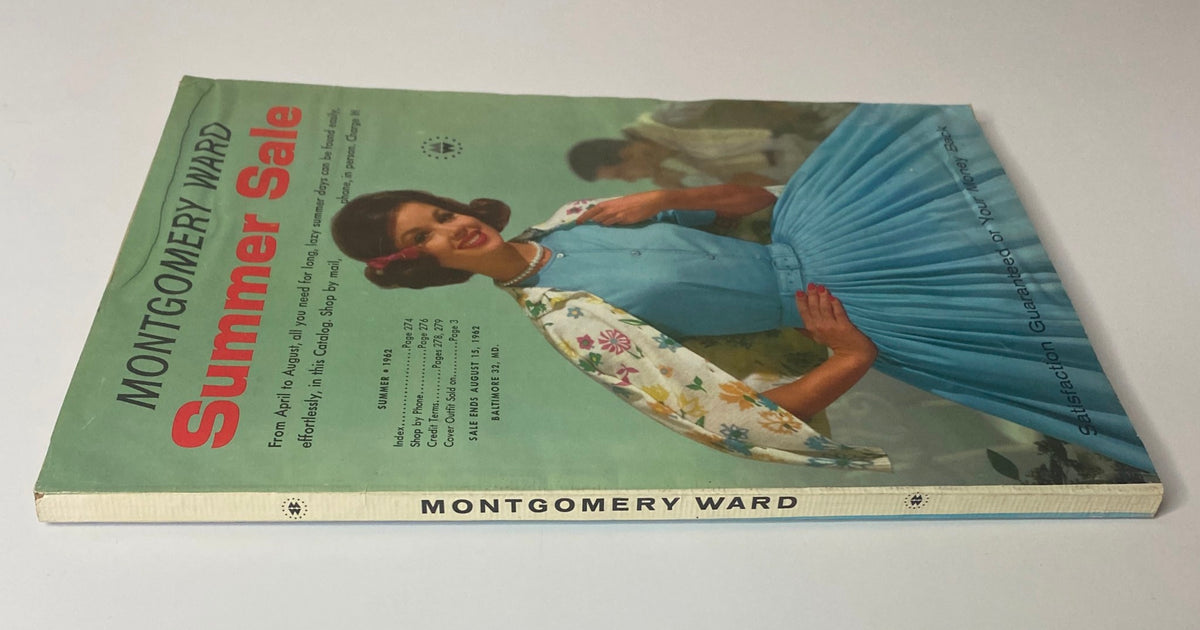 Angle view of the 1962 Montgomery Ward Summer Catalog showing the cover design, featuring vibrant summer colors and a vintage look.