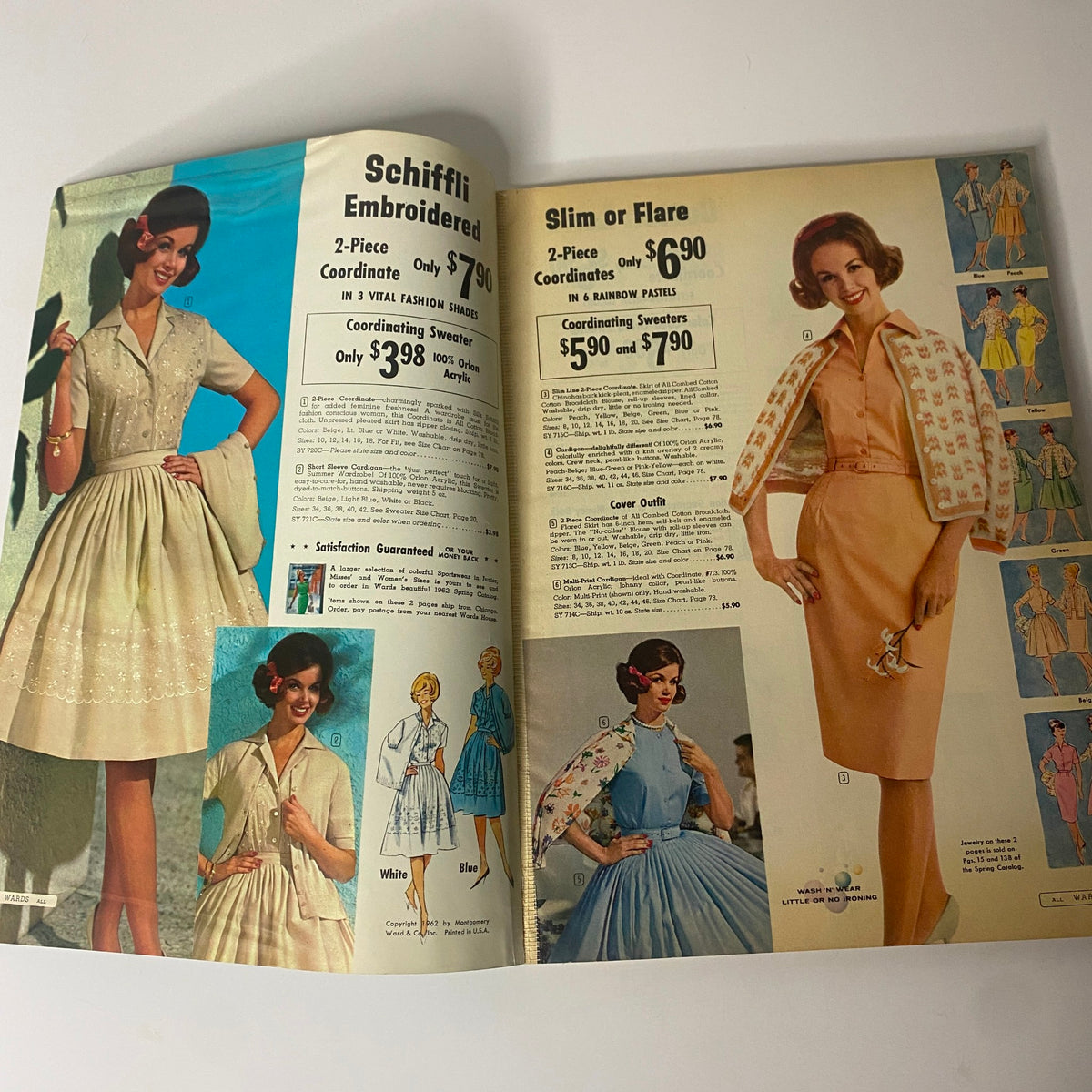 Interior page from the 1962 Montgomery Ward Summer Catalog showcasing Schiffli embroidered and slim or flare two-piece coordinates in pastel colors.