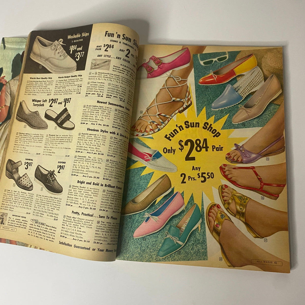 Page display from the 1962 Montgomery Ward Summer Catalog highlighting a variety of summer shoes, featuring colorful sandals and flats.