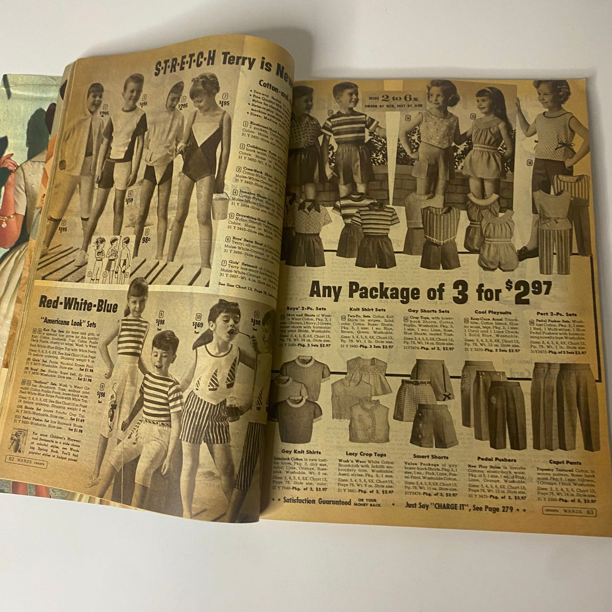 Interior page showcasing kids' summer clothing from the 1962 Montgomery Ward Summer Catalog, featuring swimwear and casual outfits.
