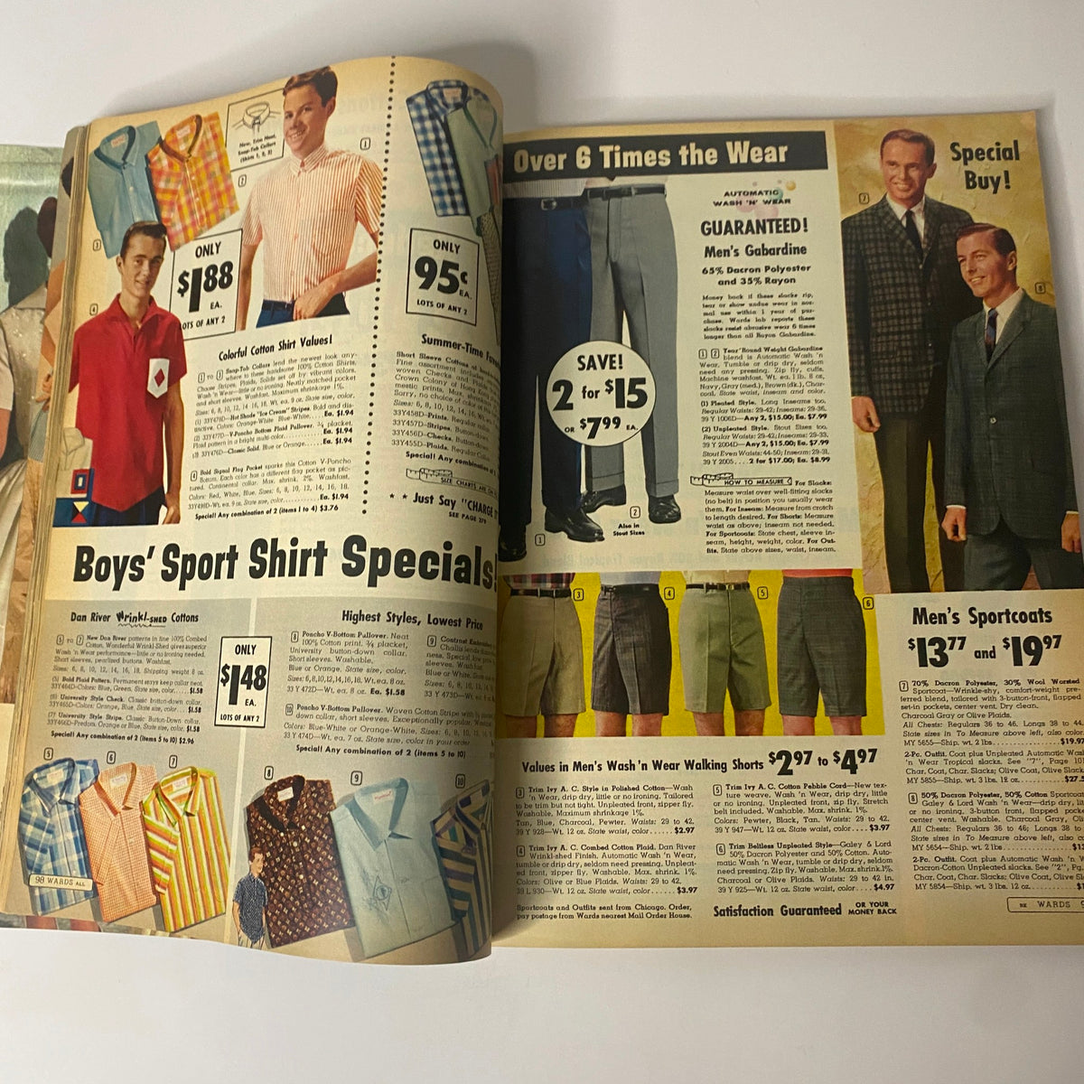 Men's clothing advertisement from the 1962 Montgomery Ward Summer Catalog, highlighting summer shirts and trousers.